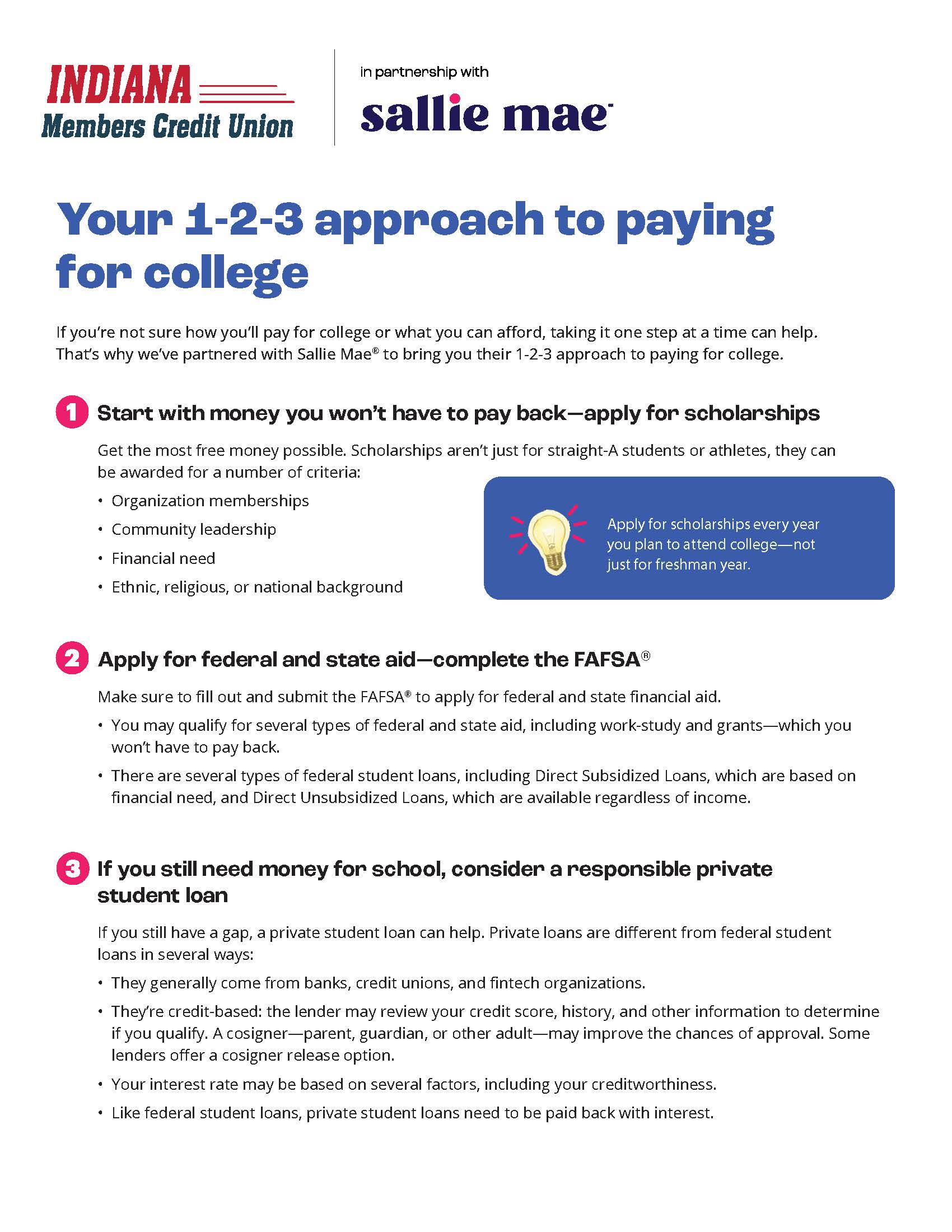Infographic about a 1-2-3 approach to paying for college