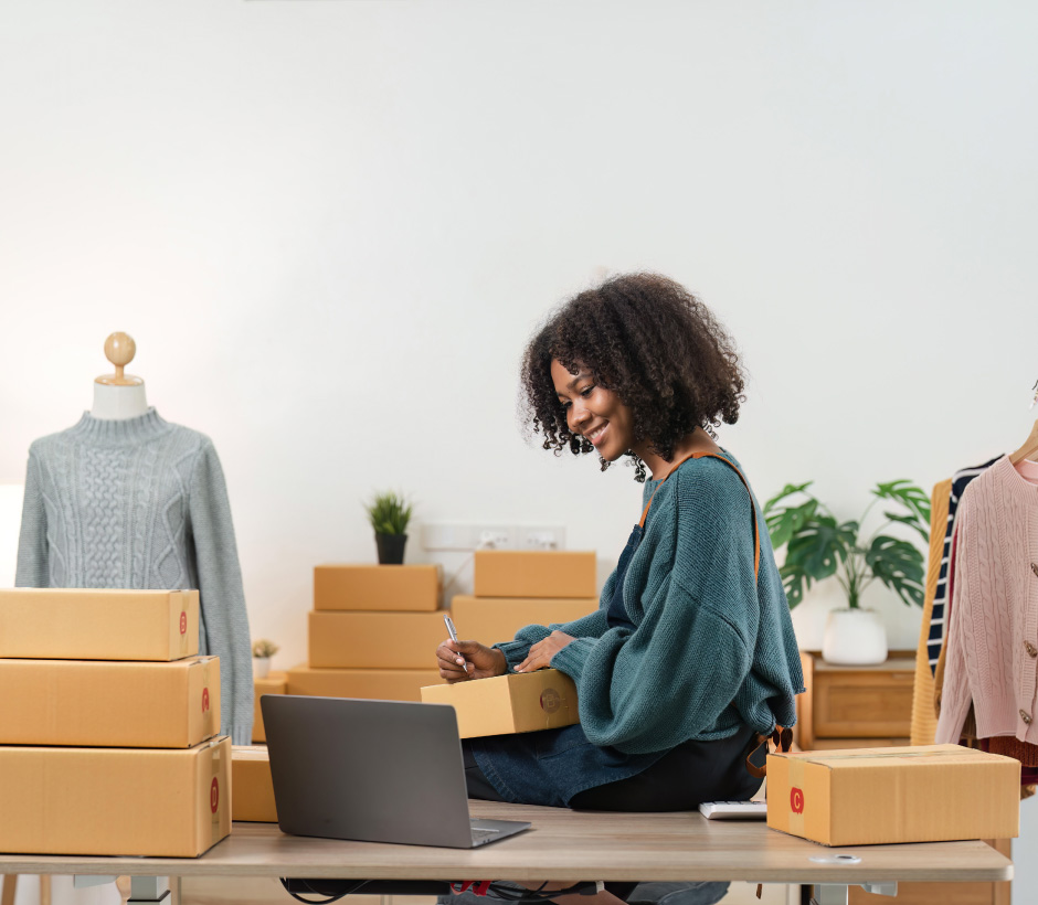 person looking at shipping boxes and laptop