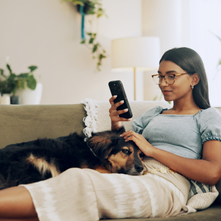 person petting dog and looking at phone