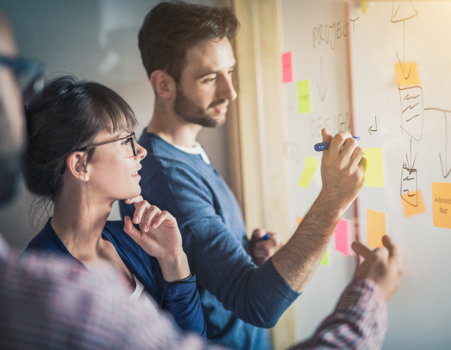 Two business people brainstorming ideas on a whiteboard