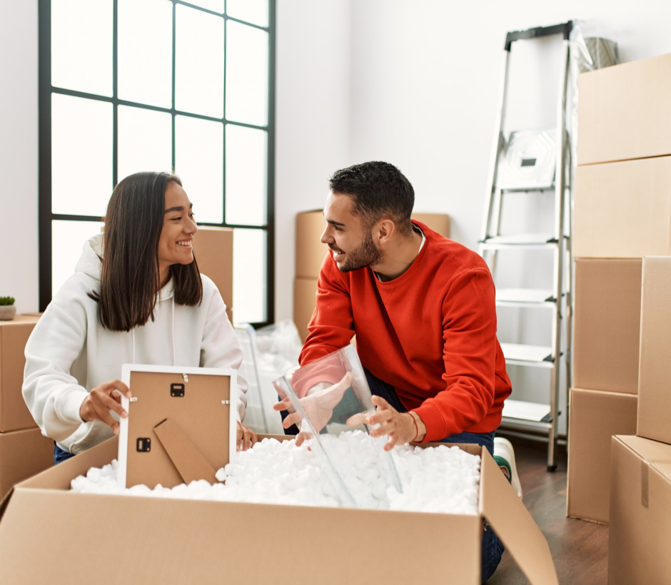 couple unpacking boxes