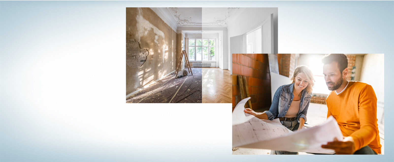 Home renovation and couple looking at building plans