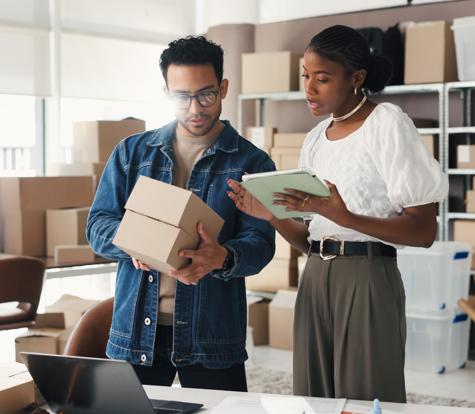 two people looking at shipping boxes and tablet