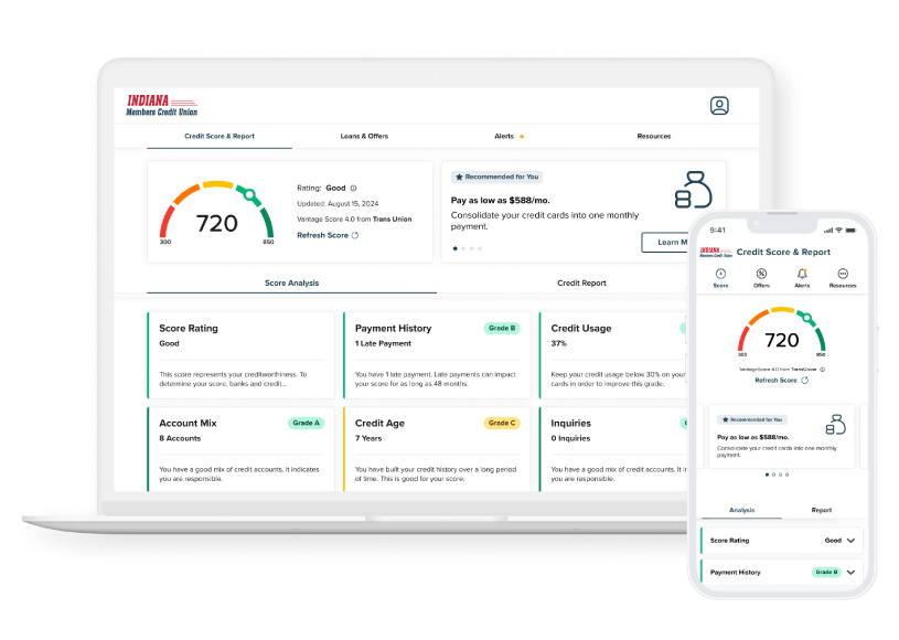 credit score and more screen on phone and laptop
