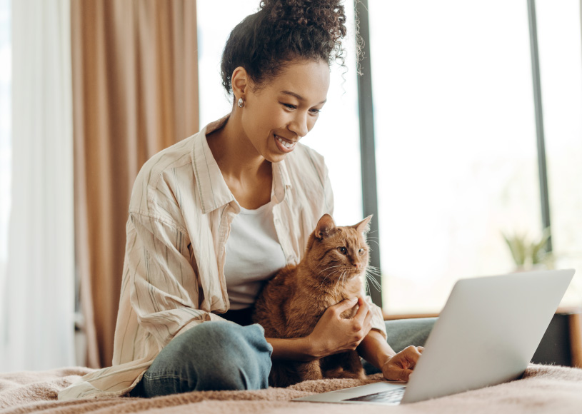 person holding cat and looking at laptop