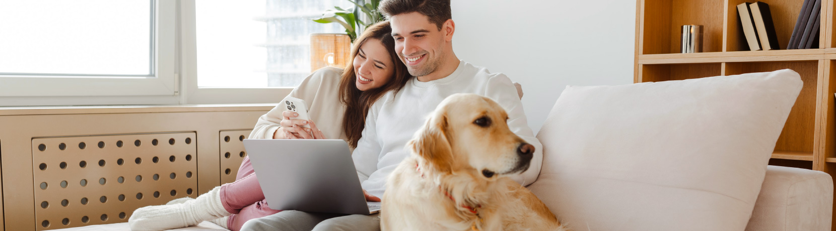 couple on couch looking at laptop with dog