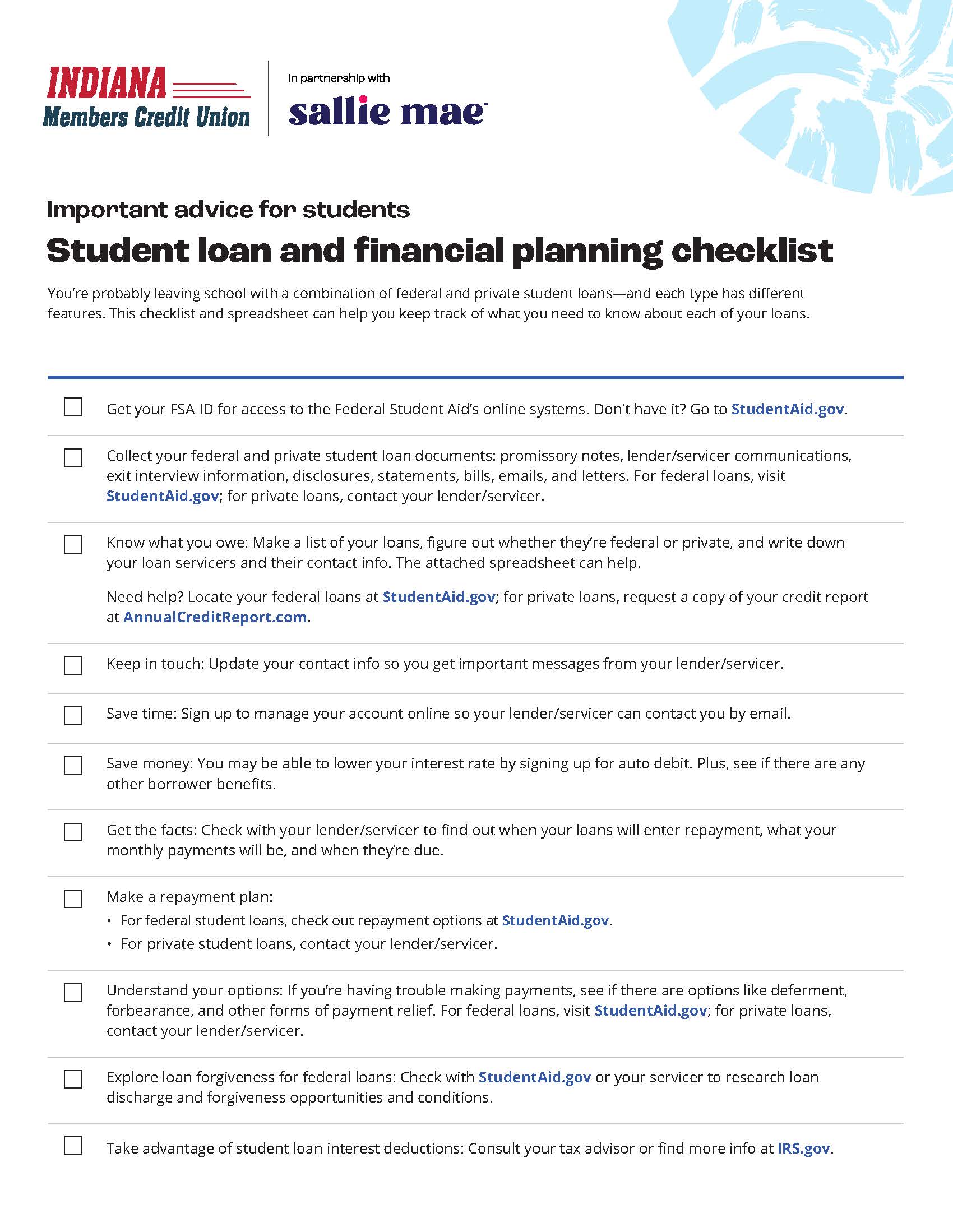 Infographic of a student loan and financial planning checklist